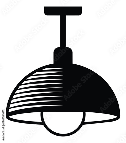 Engraving and silhouette illustration of a pendant ceiling lamp depicting a dome shade with parallel line shading for interior design