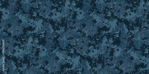 Abstract digital camouflage pattern in navy blue shades. Ideal for backgrounds, textiles, or militarythemed designs.  Represents concealment, strategy, and modern aesthetics.