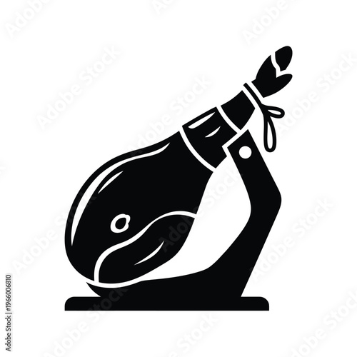 A simple black silhouette depicts a cured ham leg hanging from a metal stand high quality