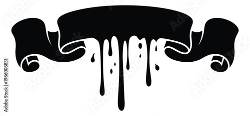 Silhouette illustration of dripping ribbon banner depicting melting scroll with ink drops for grunge and horror design