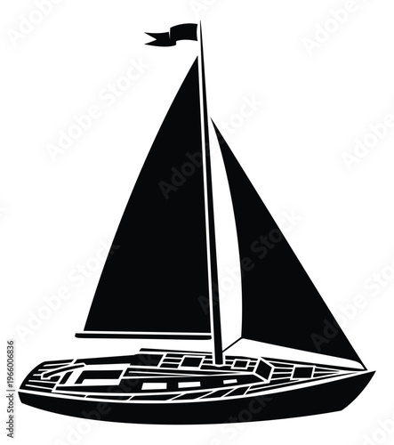 Silhouette illustration of a classic sailboat depicting a tall mast with sails and flag for nautical and maritime design