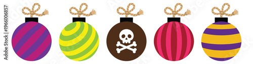 Cartoon icon set of 5 Christmas ornaments featuring striped baubles and skull crossbones design for holiday and pirate themed decoration