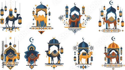 Arabian camel decorative collection with mosque arches, lanterns and Islamic patterns, Ramadan and Eid vector illustration set