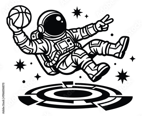 Cartoon illustration of an astronaut depicting a floating basketball player making a peace sign for sports and space themed design
