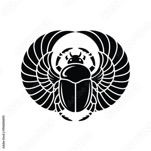 A striking black and white illustration depicts an egyptian scarab beetle with outstretched symmetrical wings