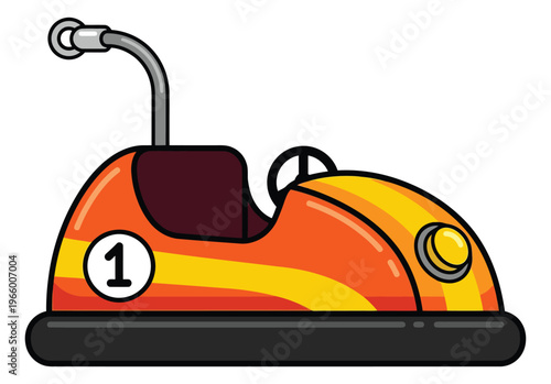 Cartoon illustration of an orange bumper car depicting a fun amusement ride numbered one for entertainment and fairground design