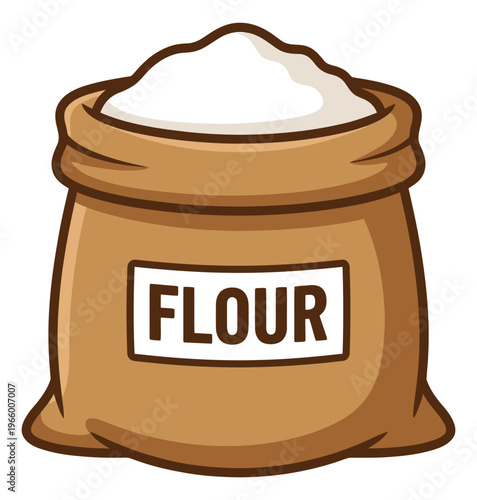Cartoon illustration of a flour bag depicting a burlap sack filled with white powder for baking and cooking design