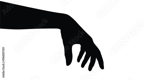 A stark silhouette of a human hand reaching downward isolated against a bright white background