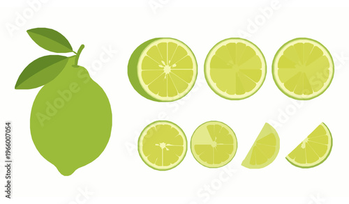Flat green lemon icons set with whole cut slices and wedges citrus fruit vector isolated on white