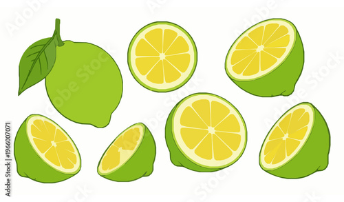 Cute cartoon green lemon collection with slices wedges and whole citrus fruit for lemonade vector isolated on white