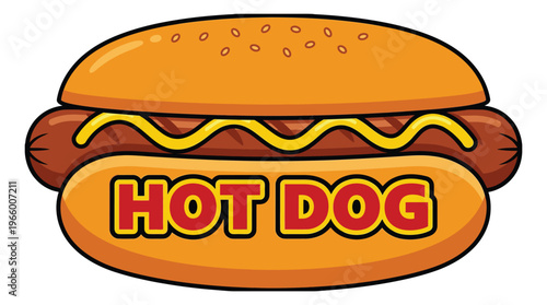 Cartoon illustration of a hot dog depicting a sausage with mustard in a bun for food and restaurant design