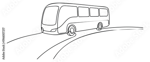 Line art illustration of a bus driving on a road depicting public transportation on a curved highway for travel and transport design
