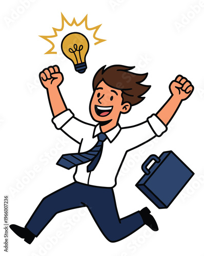 Cartoon illustration of excited businessman depicting eureka moment with lightbulb idea for business and motivation design