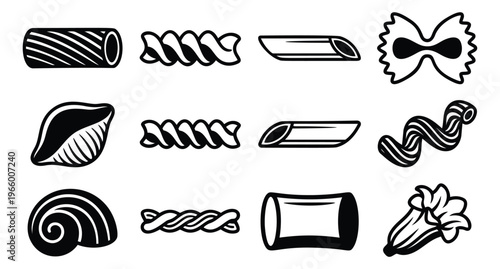 Engraving icon set of 12 pasta shapes featuring rigatoni, fusilli, farfalle, conchiglie, penne and other varieties for food and culinary design