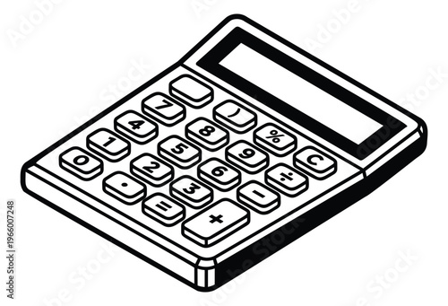 Outline illustration of a desktop calculator depicting isometric view for business and finance design