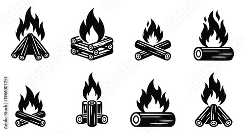 Bold silhouette icon set of 8 campfire designs featuring flames and logs in various arrangements for outdoor and camping design