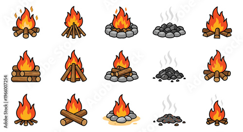 Cartoon icon set of 15 campfire designs featuring bonfire flames, firewood logs and stone rings for outdoor and camping themes