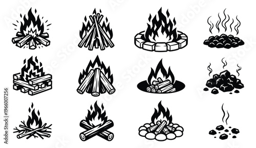Bold woodcut icon set of 12 campfire styles featuring bonfires, fire pits, burning logs and hot coals for outdoor and camping design