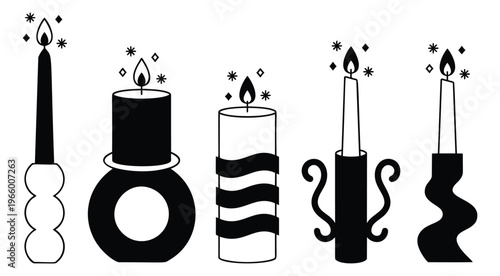 Flat icon set of 5 decorative candles featuring pillar, taper and holder designs for home decor and celebration