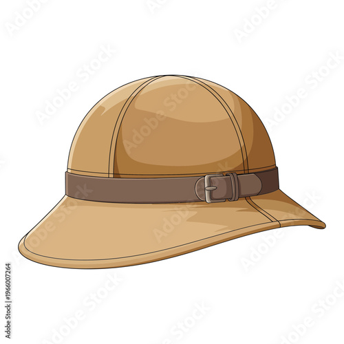 A detailed illustration of a classic safari hat featuring a dark brown band and buckle