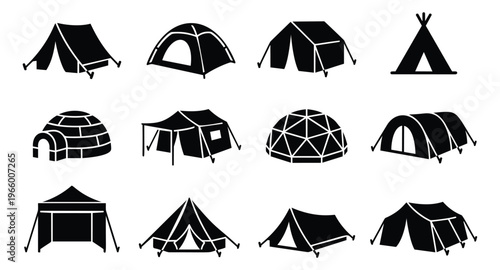 Silhouette icon set of 12 camping shelters featuring tent, igloo, teepee and geodesic dome styles for outdoor design