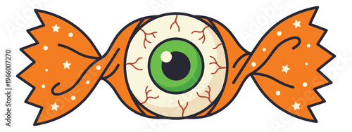 Cartoon illustration of a spooky eyeball candy depicting a wrapped Halloween sweet with bloodshot eye for holiday design