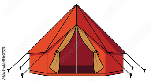 Cartoon illustration of a red bell tent depicting an outdoor camping shelter for travel and adventure design