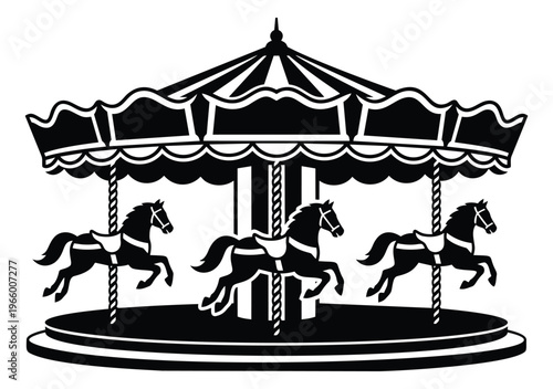 Silhouette illustration of vintage carousel depicting spinning merry go round with horses for amusement and fairground design