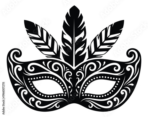 Decorative flat illustration of an ornate masquerade mask featuring feathers and scroll details for carnival and party design