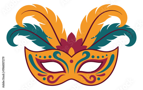 Flat illustration of decorative carnival mask depicting ornate venetian masquerade design with feathers for festival and party use
