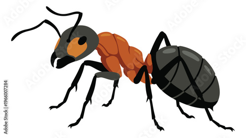 Cartoon illustration of a red and black ant depicting a side view insect character for nature and educational design