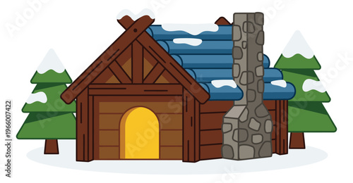 Cartoon illustration of a cozy winter log cabin depicting a snow covered wooden house with stone chimney and pine trees for seasonal design
