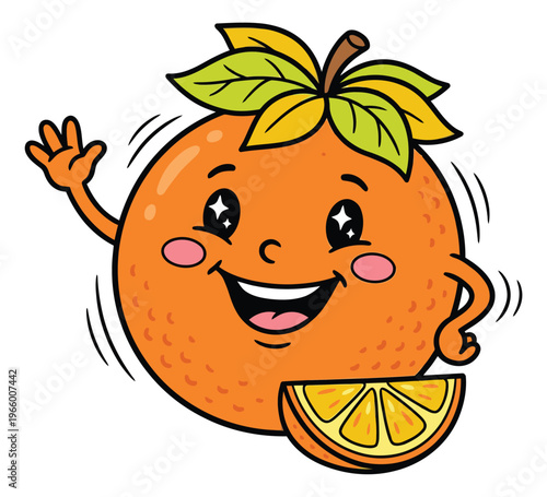 Cartoon illustration of a happy orange character depicting a smiling fruit mascot waving for food and beverage design