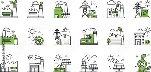 Green Energy and Eco-Friendly Factory Icons Set Featuring Solar Power, Wind Energy, and Sustainable Industry Practices