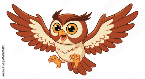 Cartoon illustration of a cute flying owl depicting spread wings and open beak for children and educational design