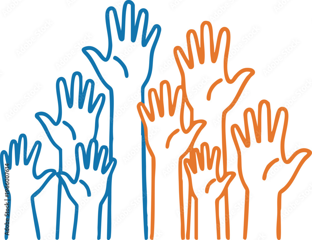 Fototapeta premium Raising hands icon, diverse group, volunteering, support, community, voting, help, people illustration
