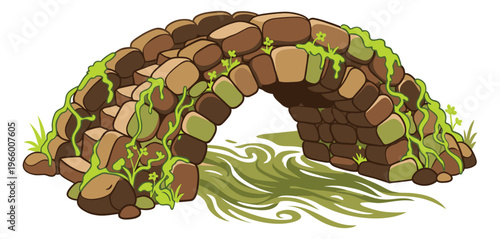 Cartoon illustration of an ancient stone arch bridge depicting mossy overgrown masonry over a flowing stream for fantasy and game design