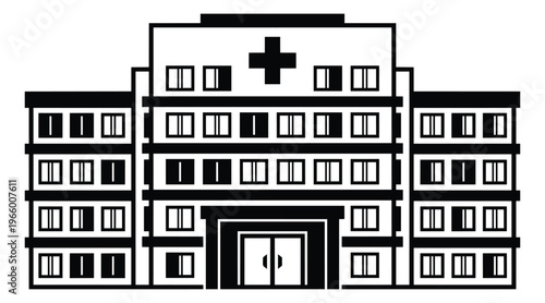 Flat illustration of a hospital building depicting a medical facility exterior with cross symbol for healthcare design