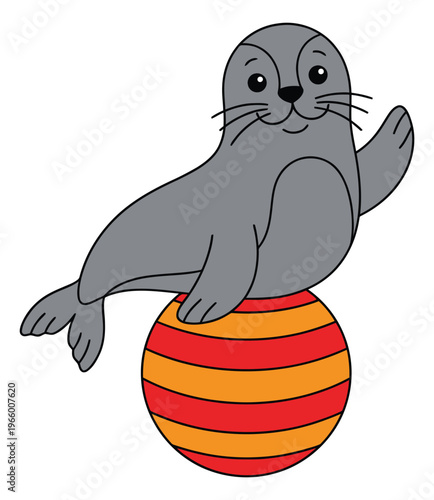 Cartoon illustration of a cute seal balancing on a striped circus ball depicting a performing animal act for children and entertainment design