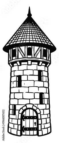 Cartoon illustration of a medieval stone tower depicting a fortified turret with conical roof and arched doorway for fantasy and game design