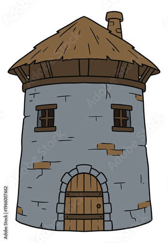 Cartoon illustration of a medieval stone tower depicting a round fortress building with thatched roof for fantasy game design