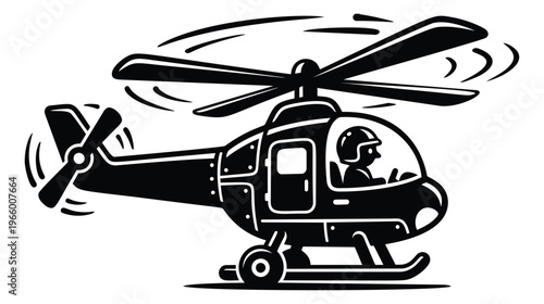 Cartoon illustration of a helicopter depicting a pilot flying in a bold black vehicle for aviation and transport design