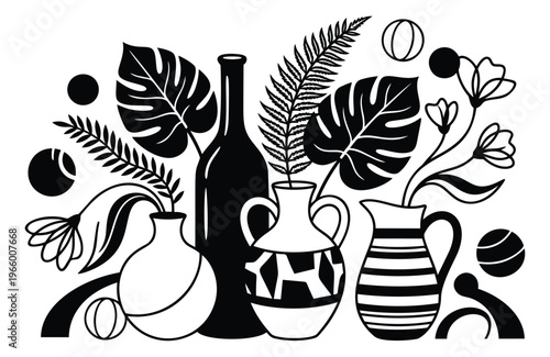 Flat and silhouette illustration of a botanical still life depicting vases, bottles and tropical leaves for home decor design