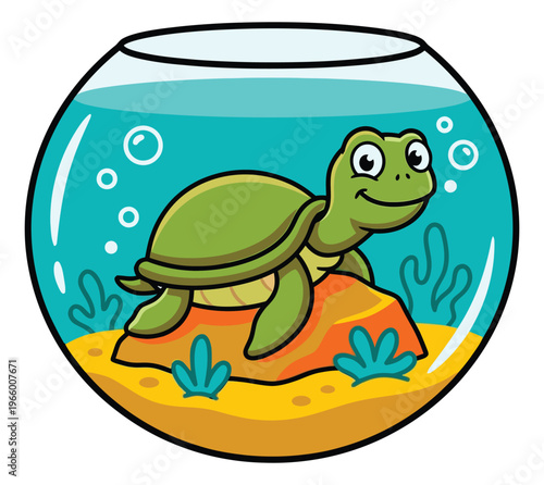Cartoon illustration of a cute green turtle depicting a smiling reptile resting on a rock inside a fishbowl aquarium for children and pet design