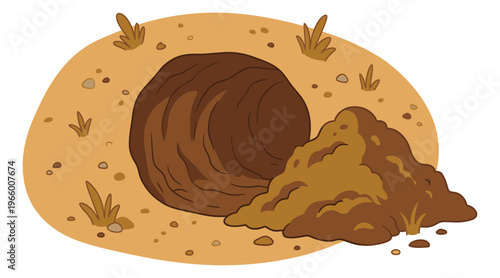 Cartoon illustration of a dirt hole depicting an open underground burrow with excavated soil for nature and wildlife design
