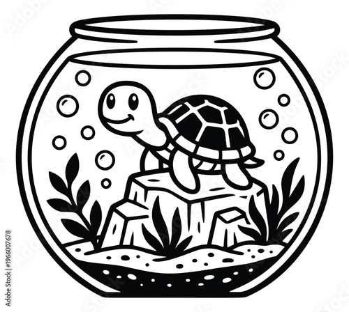 Cartoon outline illustration of a cute turtle sitting on rocks inside a fishbowl depicting an aquatic pet habitat for children and nature design