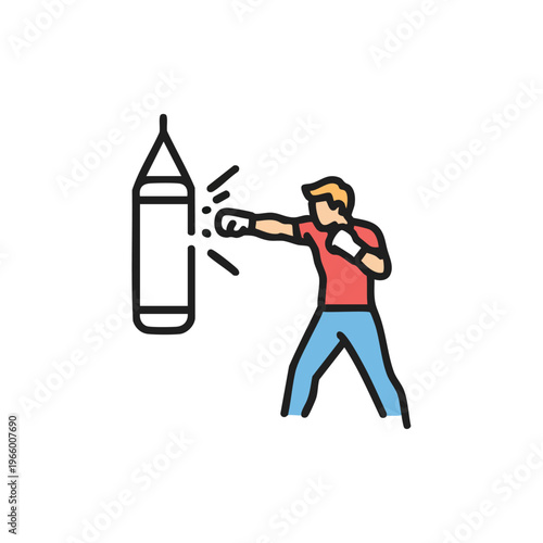 Man punching heavy bag, boxing training, combat sport, fitness, workout, strength