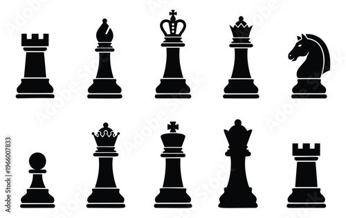 Silhouette icon set of 10 chess pieces featuring rook, bishop, queen, king, knight and pawn for board game design