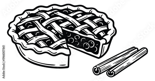 Woodcut illustration of a berry pie with lattice crust depicting a sliced homemade dessert with cinnamon sticks for food and bakery design