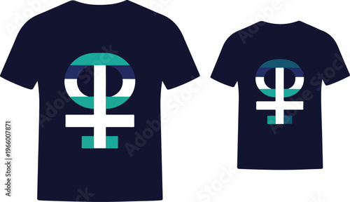 Two dark blue t-shirts displaying a colorful female gender symbol design.